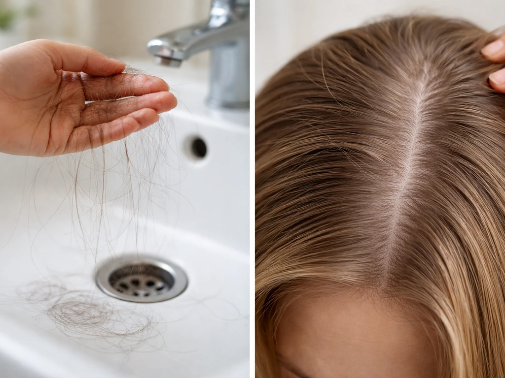 Side-by-side photos: visible hair shedding vs a widened hair part with hair staying fuller.