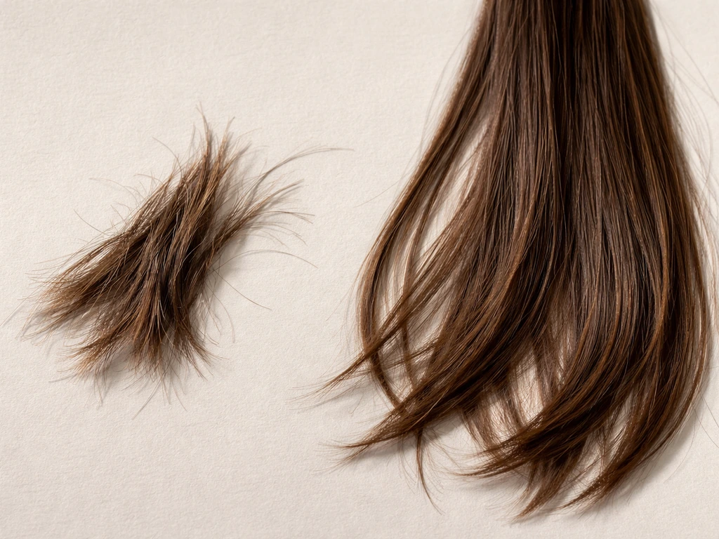 Split ends and heat-damaged hair strands beside smoother intact strands on a neutral surface.