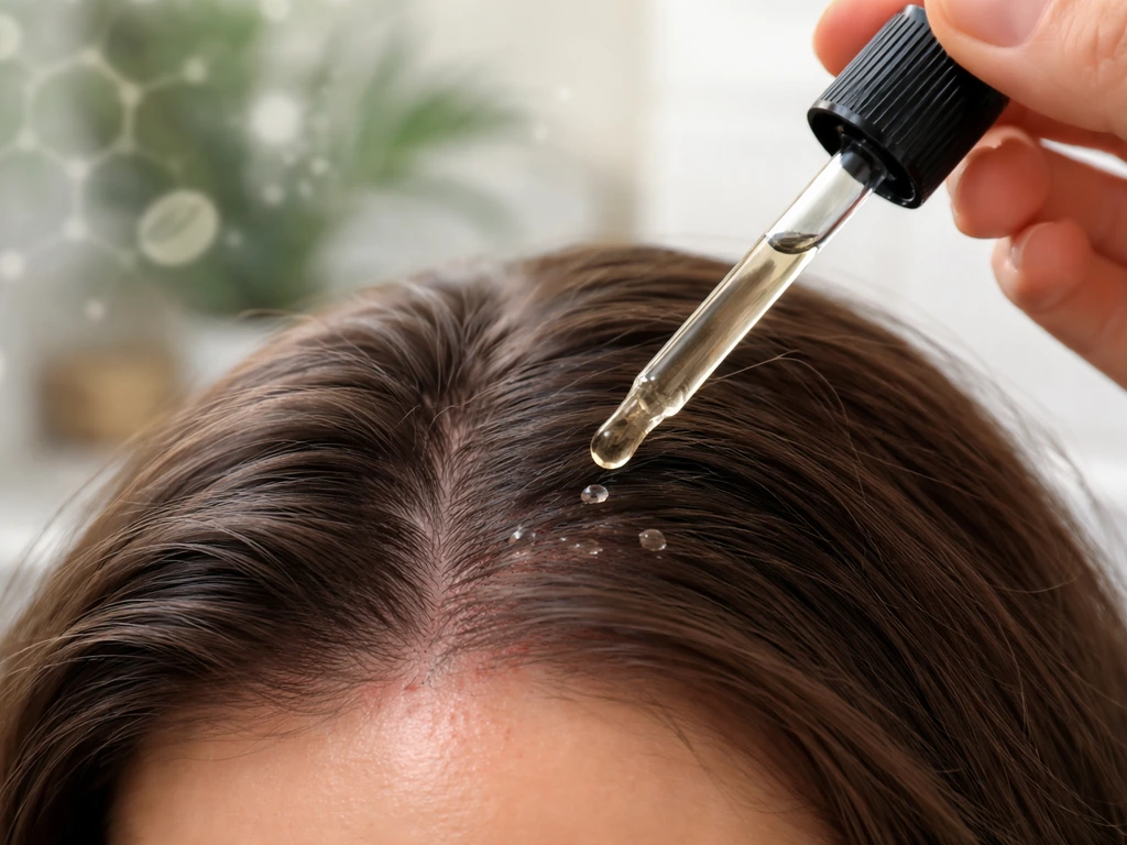 Hand applying caffeine serum dropper to scalp near hairline in a clean bathroom close-up.