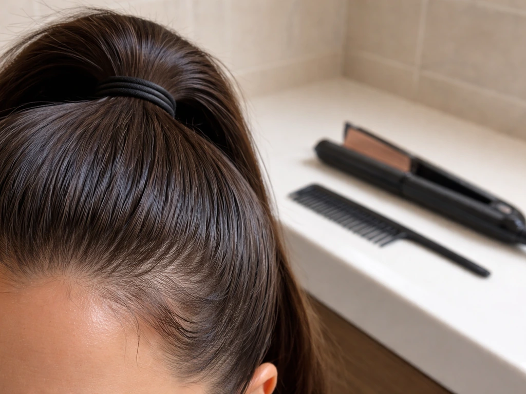 Tight ponytail pulled at the hairline with a nearby hot styling tool on a bathroom counter.