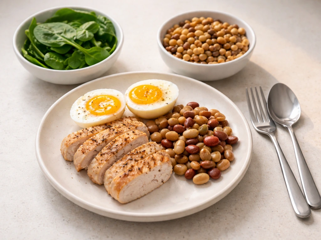 Plated protein and iron-rich foods—eggs, lean meat, beans, and spinach—arranged neatly on a simple table.