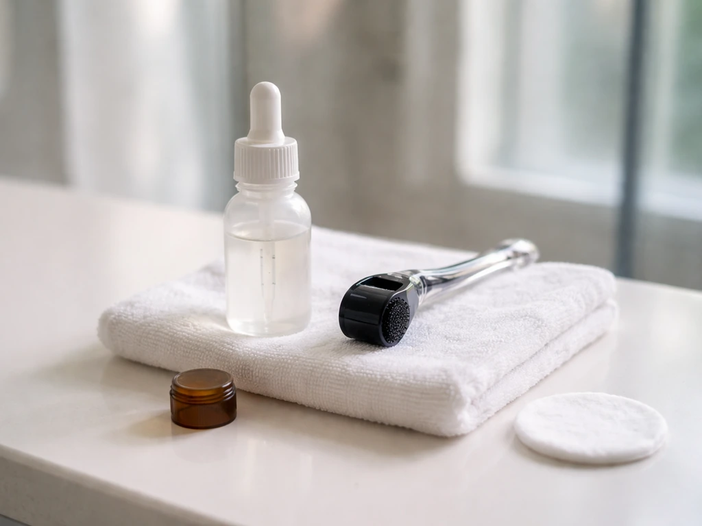 At-home hair treatment setup: minoxidil bottle and dermaroller staged on a bathroom counter, no person.