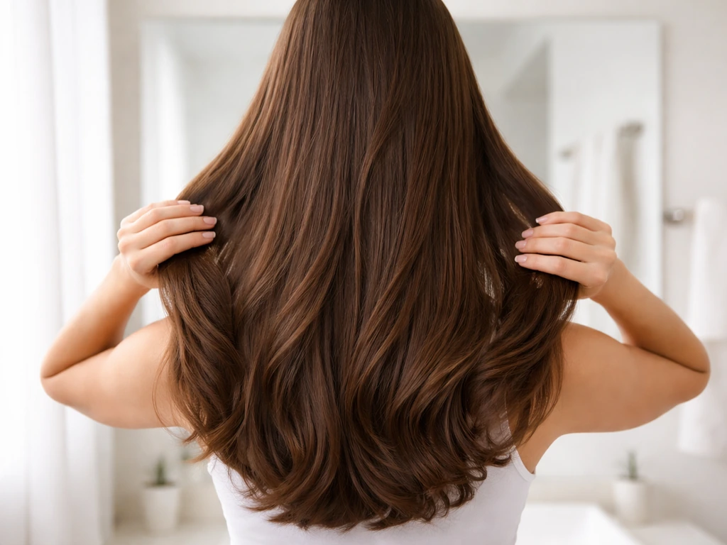 Anonymous person with longer, thicker hair, hands gently framing the healthy hair in a bright bathroom.