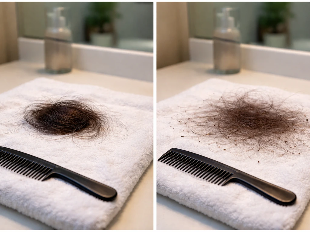 Two-panel photo on a bathroom counter: longer retained hair vs scattered shedding hair with combs.