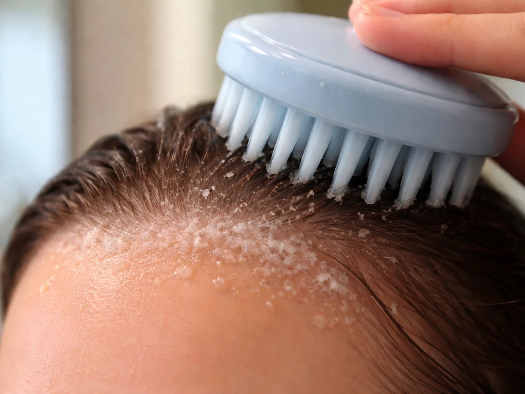 Close-up of silicone scalp brush gently exfoliating the scalp with a few product droplets visible