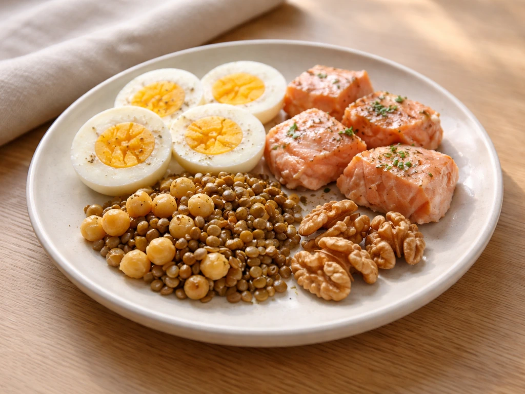 Minimal plate of protein-rich foods like eggs, fish, and legumes symbolizing hair nutrition