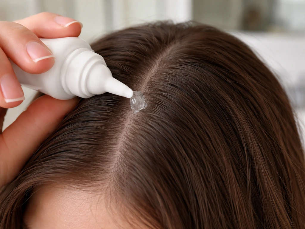 Close-up of topical foam applied to a scalp part line with a clean applicator tip.