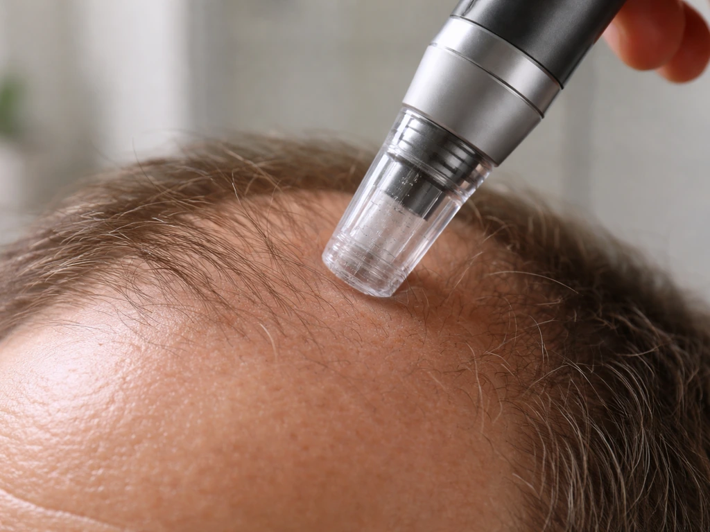 Close-up of a dermaroller being used on a shaved scalp with a controlled single pass.