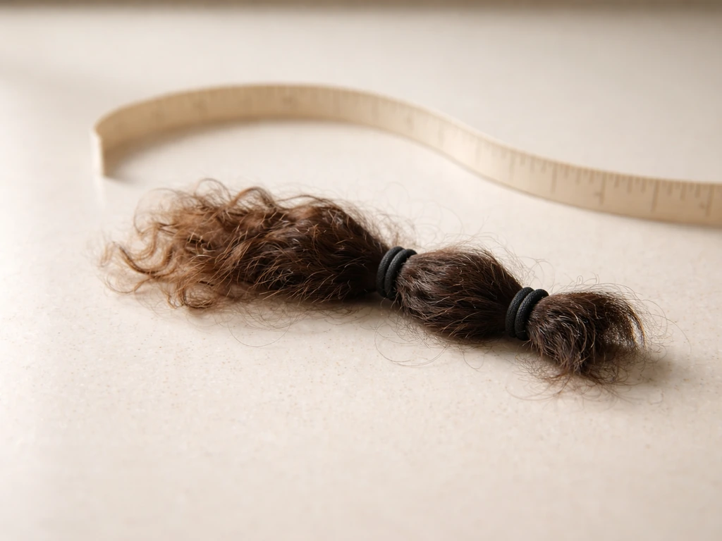 Natural curly hair beside an unmarked measuring tape on a clean countertop to suggest gradual growth.