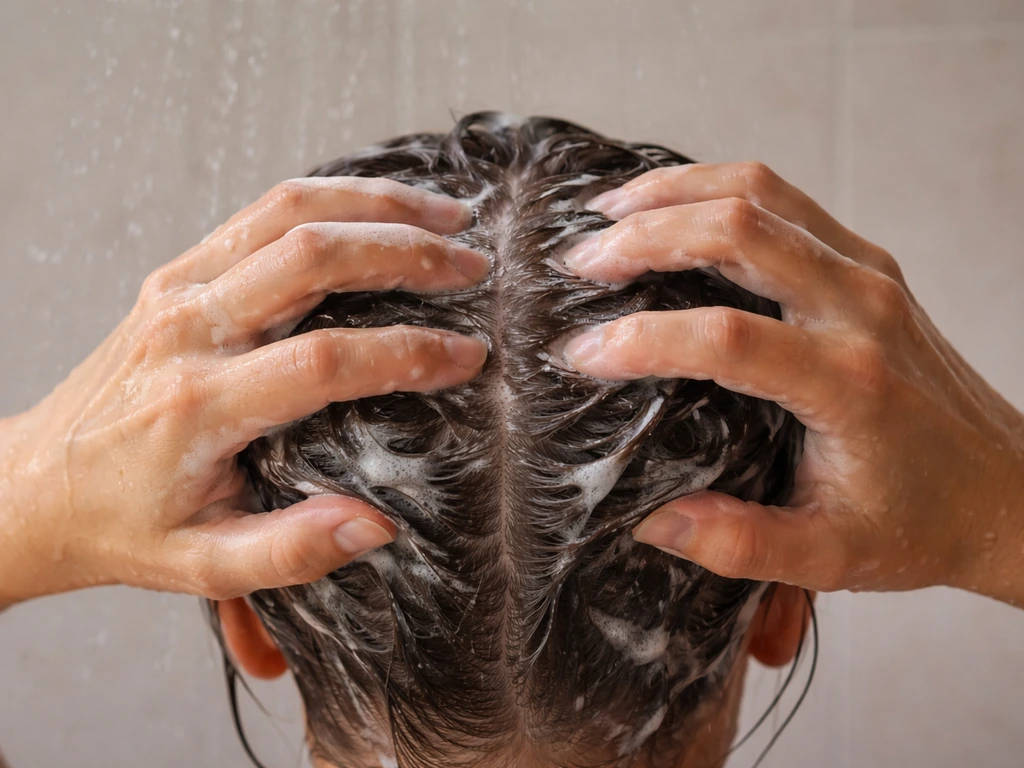 Anonymous hands massaging shampoo into the scalp with visible foam at the roots in the shower.