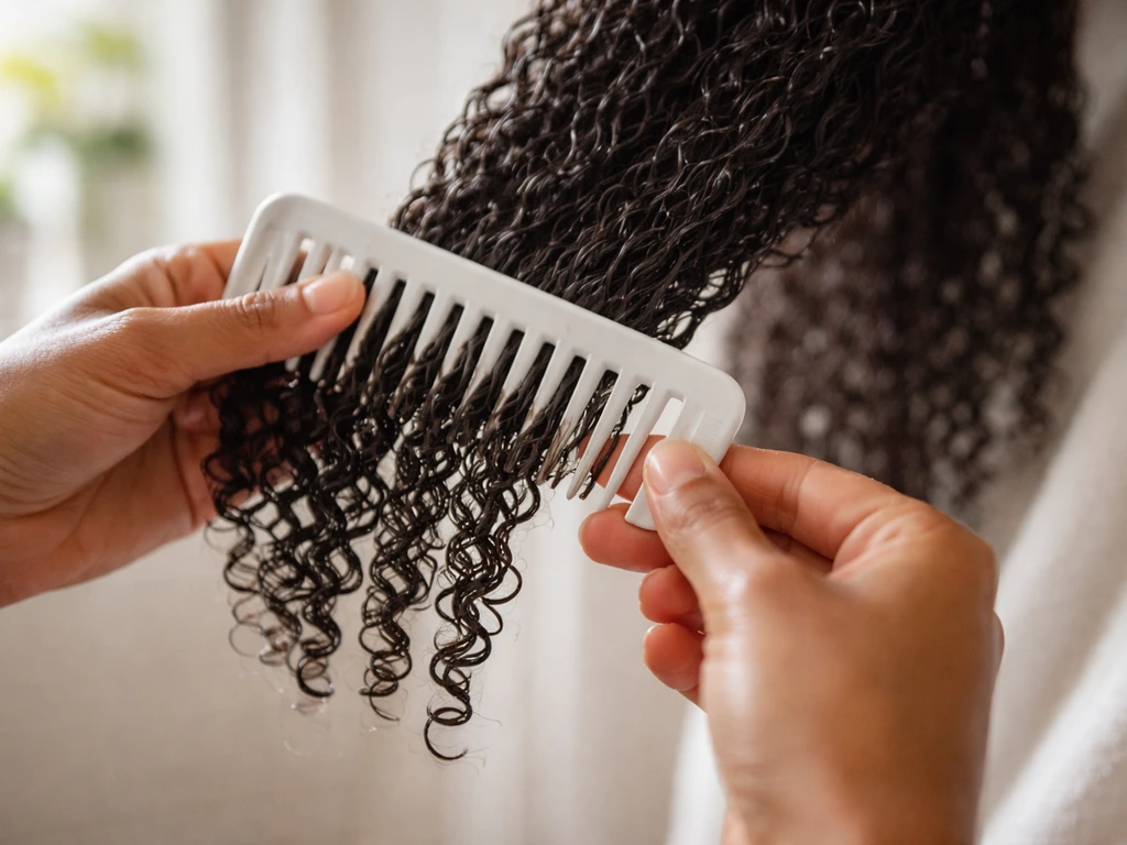 Wide-tooth comb gently detangling damp, conditioned natural curls from ends upward