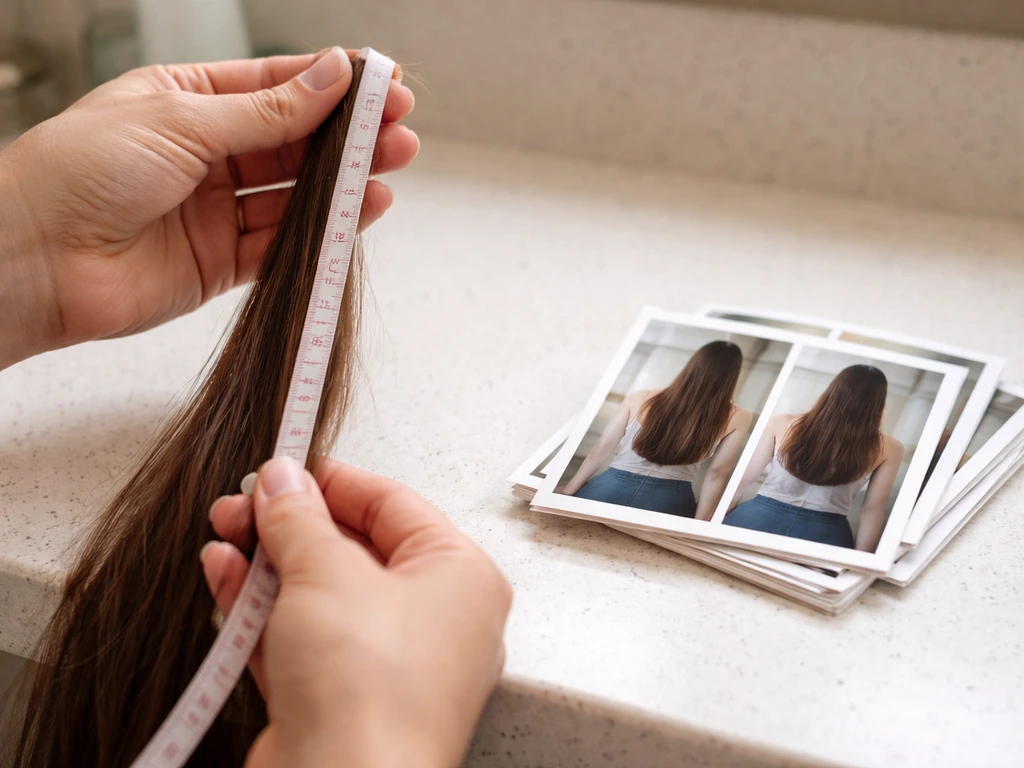 Hands holding a hair length measuring tape beside a small set of date-sorted photo printouts.