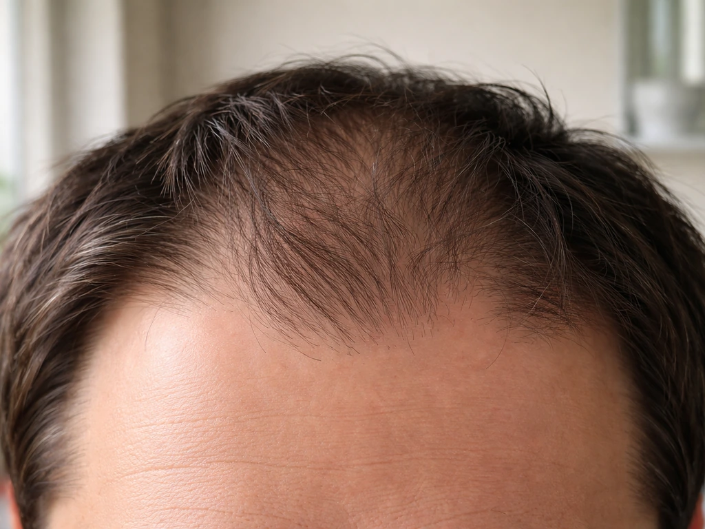 Close-up of a hairline showing three different hair-loss patterns: receding, diffuse thinning, and patchy thinning.