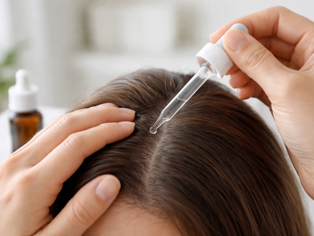 Topical minoxidil being applied to the scalp with a dropper near the hair part, clean bathroom setting.