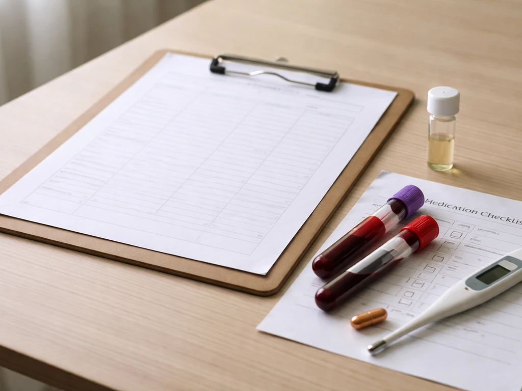 Minimal clinic desk with blank blood test tubes, a medication checklist, and supplement items to suggest treating trigge