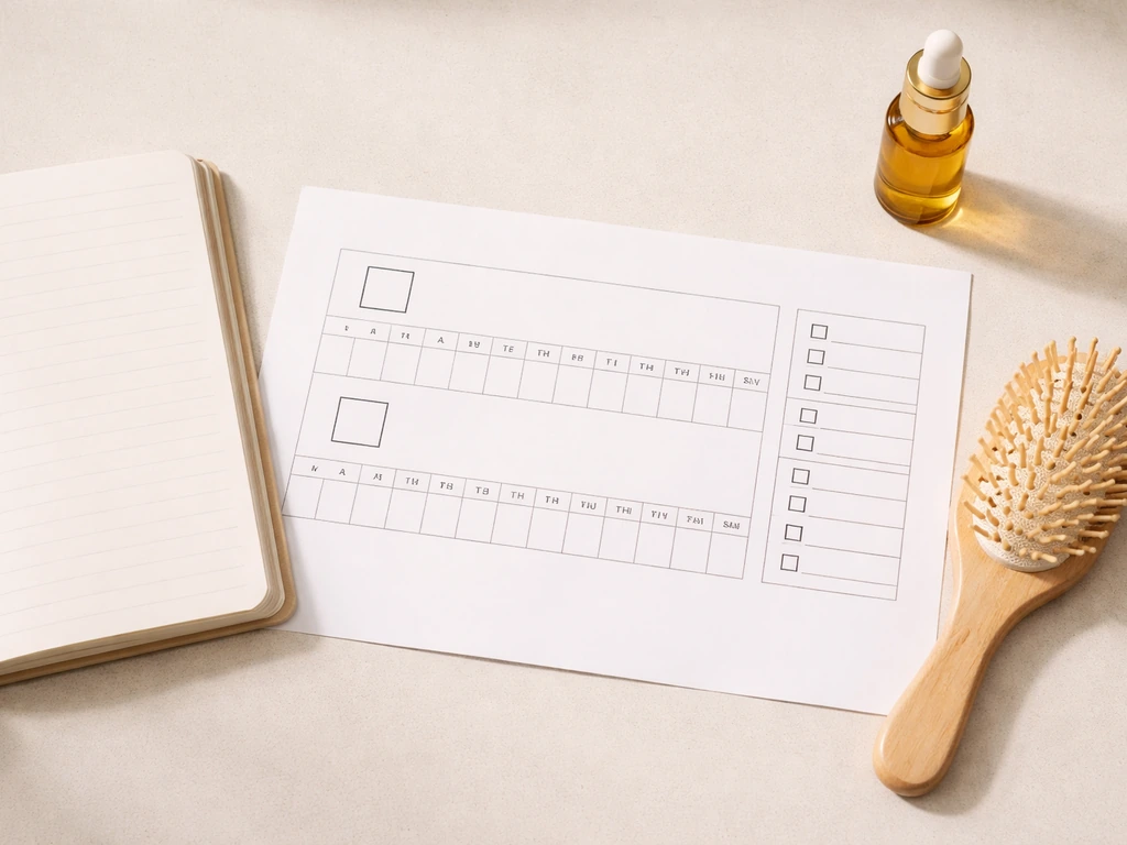 Top-down view of a simple hair-care tracking notebook with dates, a calendar grid, and a small hair oil bottle.
