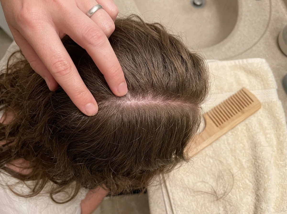 Close-up parting hair to check scalp and assess what’s limiting your growth