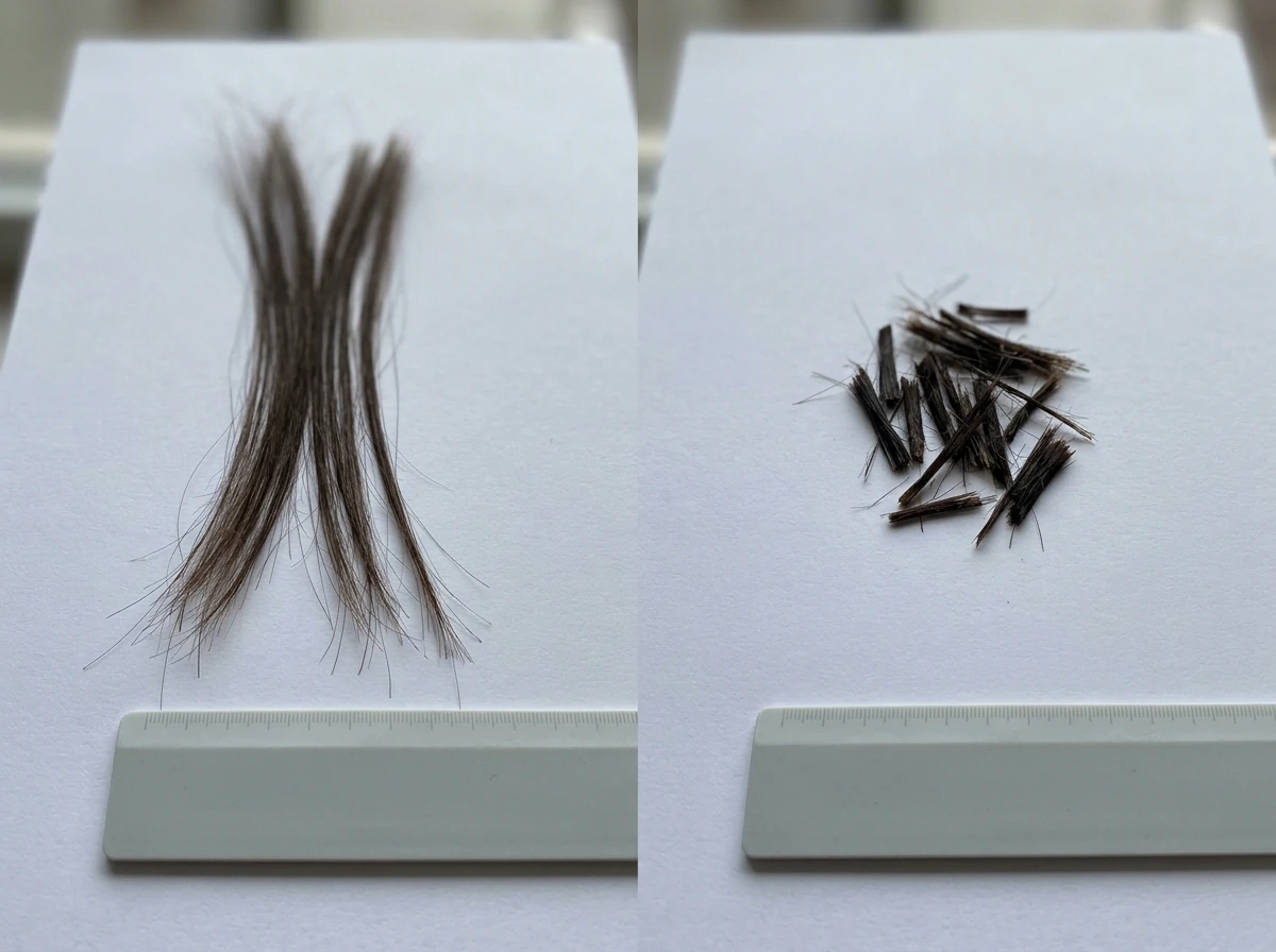 Hair breakage example with snapped mid-shaft strands compared to intact strands