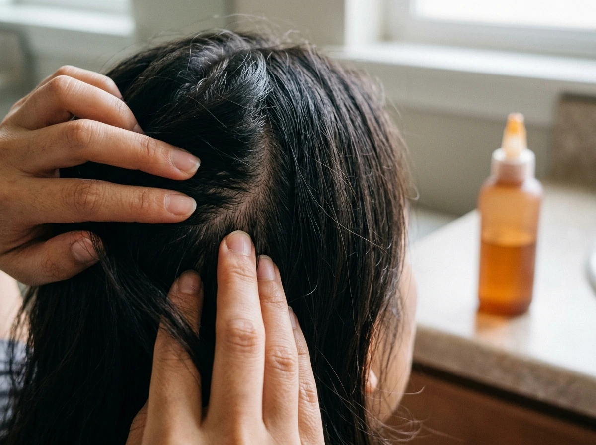 Fingertip scalp massage with serum applied to support hair growth