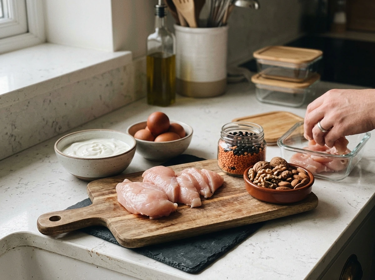 Protein-rich foods on a kitchen counter to feed hair follicles