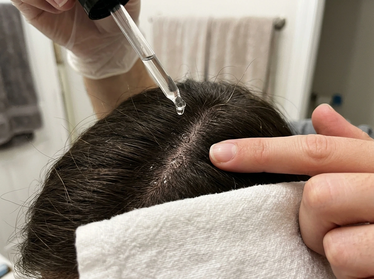 Dropper applying minoxidil to a scalp part line for growth