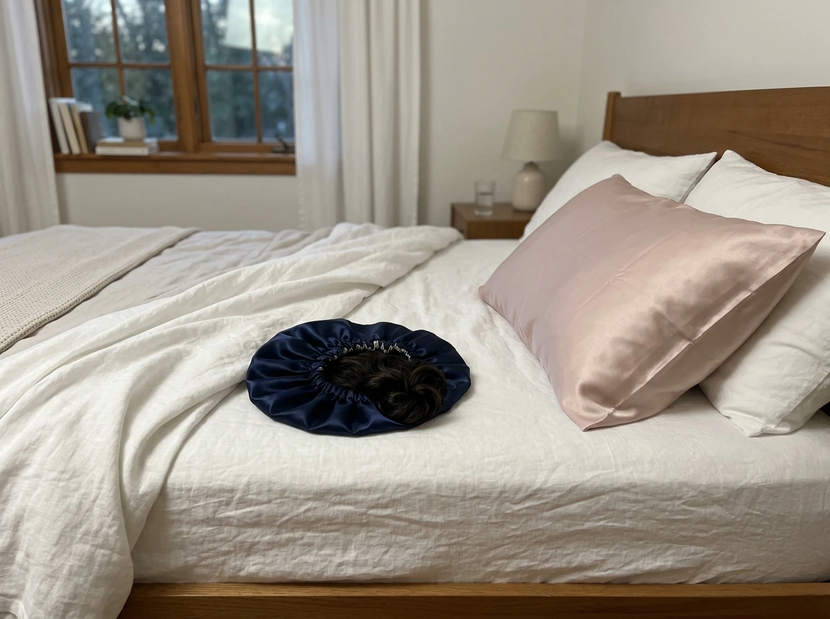 Satin bonnet or pillowcase setup for nighttime friction-free hair care