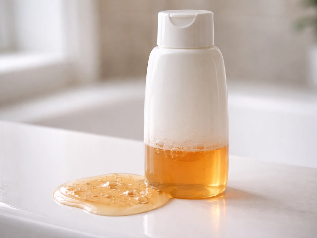 Close-up of a medicated shampoo bottle with a small pool of amber liquid on a clean bathroom counter.
