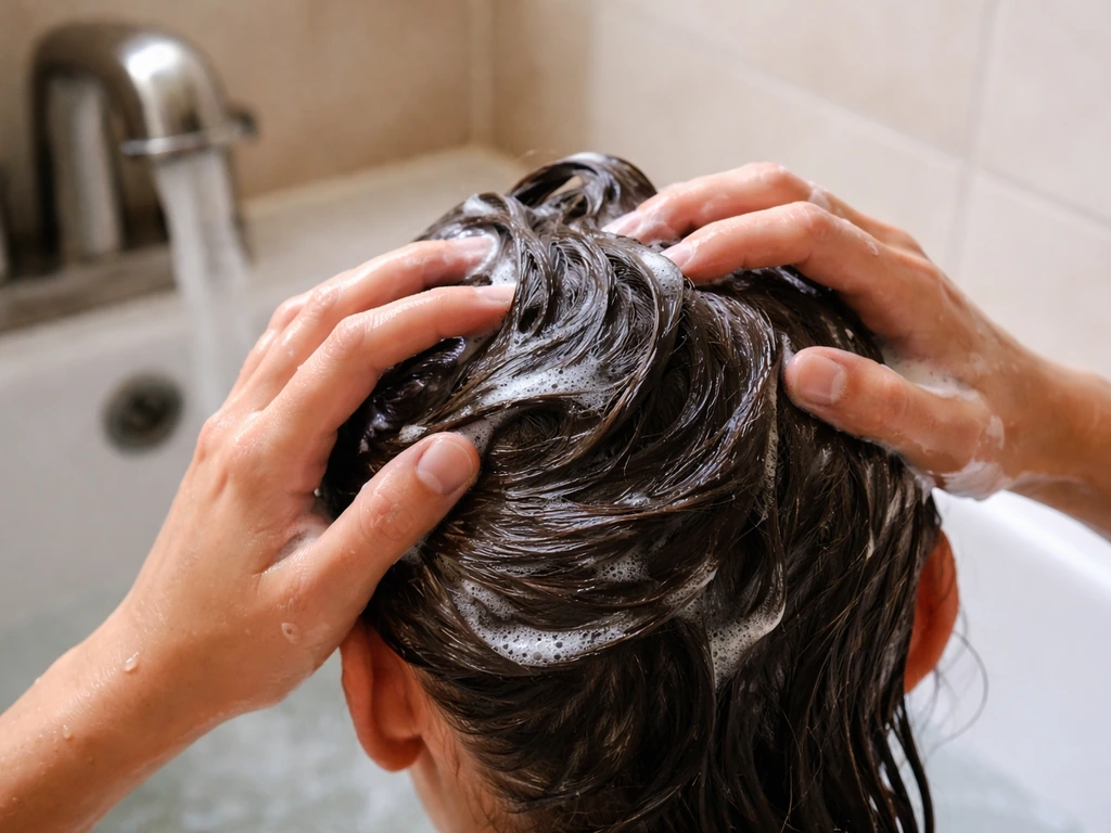 Hands massaging shampoo into wet scalp under running warm water in a minimal bathroom setting