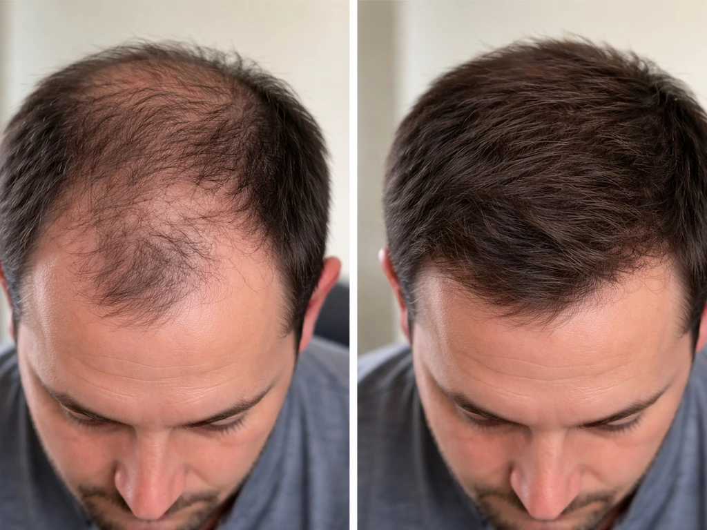 Minimal close-up of male thinning hairline and crown with visible scalp compared to fuller nearby area.