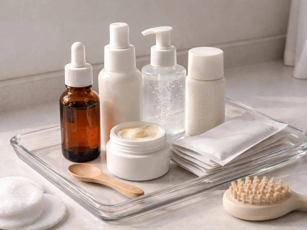 Unbranded skincare products in a clear tray on a light counter, close-up ingredient-focused scene.