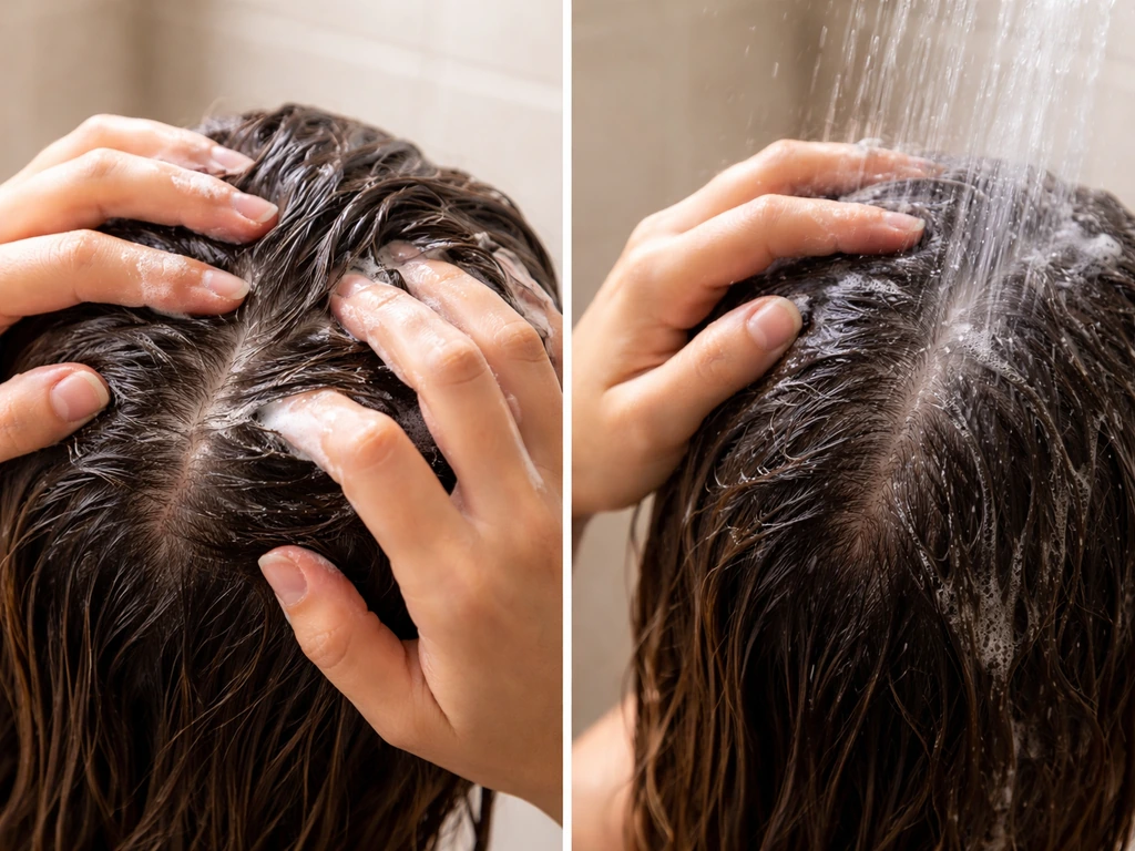 Close-up of hands massaging shampoo into a wet scalp, then rinsing, showing scalp vs hair focus