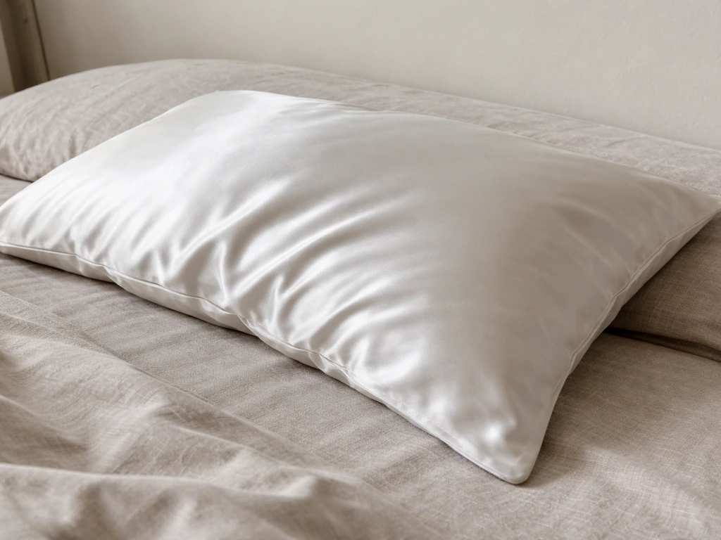 Close-up of a smooth satin pillowcase against a headrest area, suggesting low-friction sleep surface for the nape