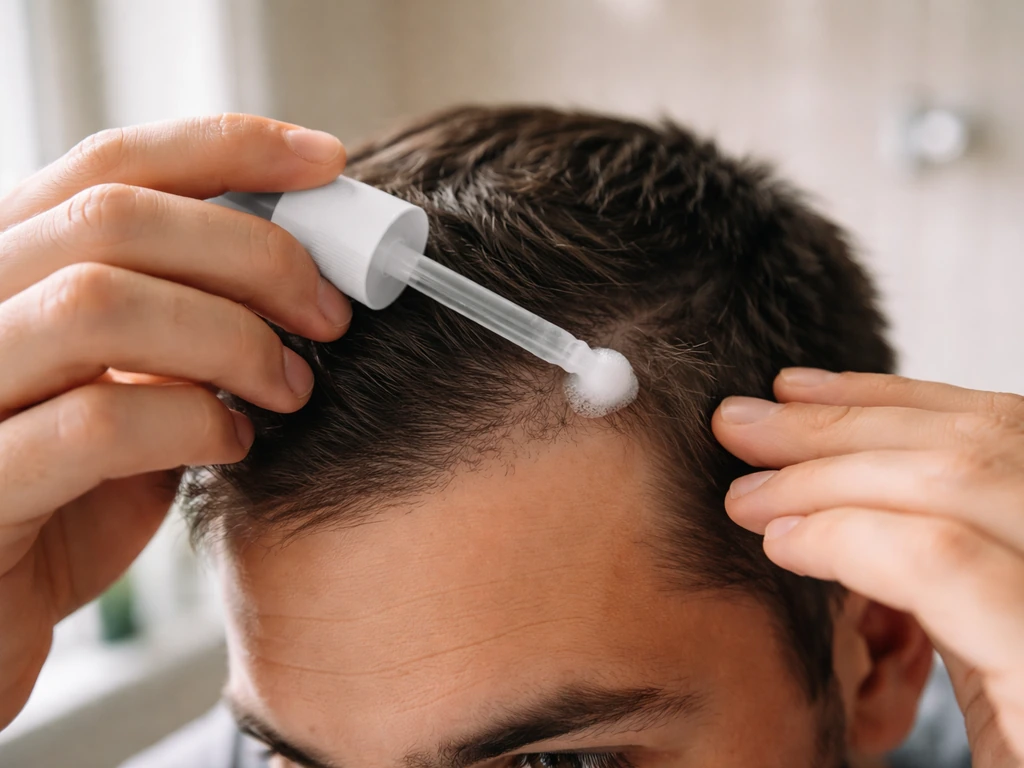 Hands applying liquid to a parted scalp with a dropper applicator, natural bathroom light.