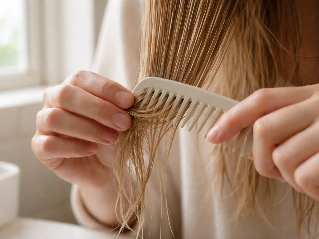 Hand detangles damp fine hair with a wide-tooth comb starting at the ends