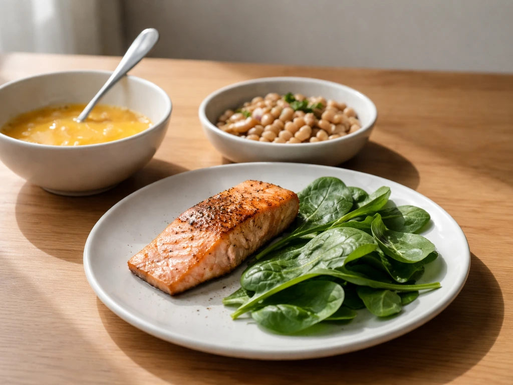 Minimal bowl and plate showing protein and hair-support foods like eggs, salmon, beans, and leafy greens.