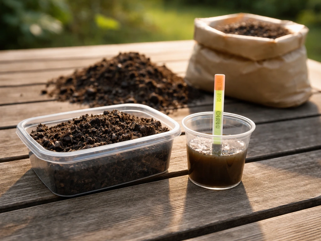 Tuingrond in een bakje met een pH-meetstrip en pH-testset, met mest/compost als subtiele achtergrondcontext.
