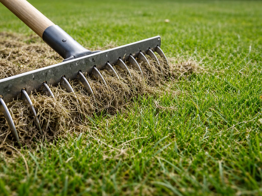 Kikuyugras wordt verticuteerd: viltlaag komt los, zichtbaar tussen dicht gras.