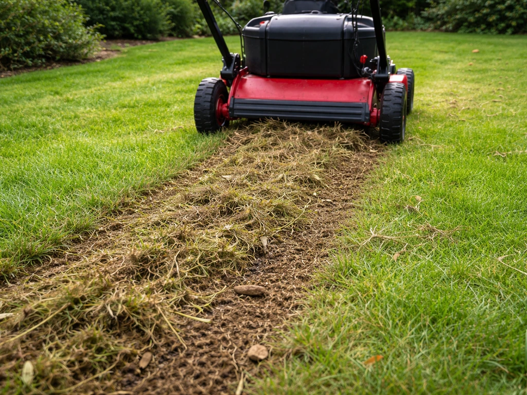 Verticuteermachine in sterk begroeide kikuyu-zone, met losgeraakte stolonresten op/naast de zode.