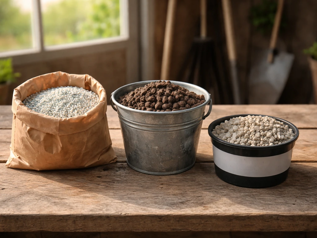Tuinmaterialen op tafel: zak kunstmestkorrels, emmer organische mest/compostkorrels en kalk/compost als vergelijking