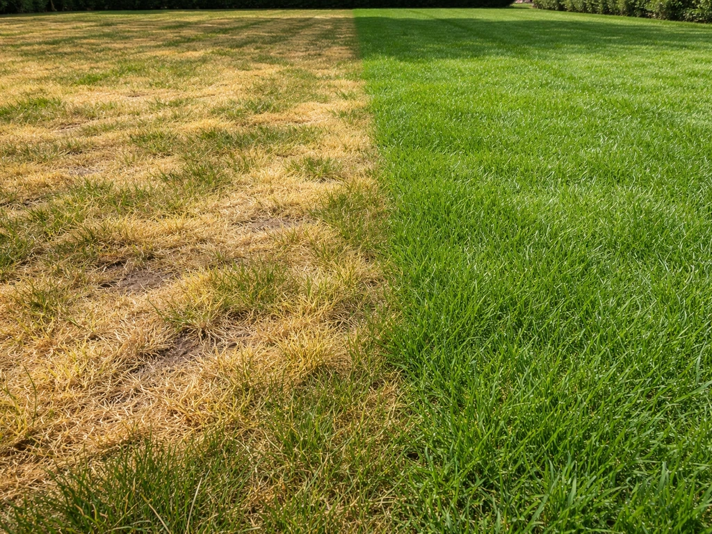 Gazon met duidelijke gele en bruine verbrandingsplekken naast een frisgroen, hersteld stuk gras.