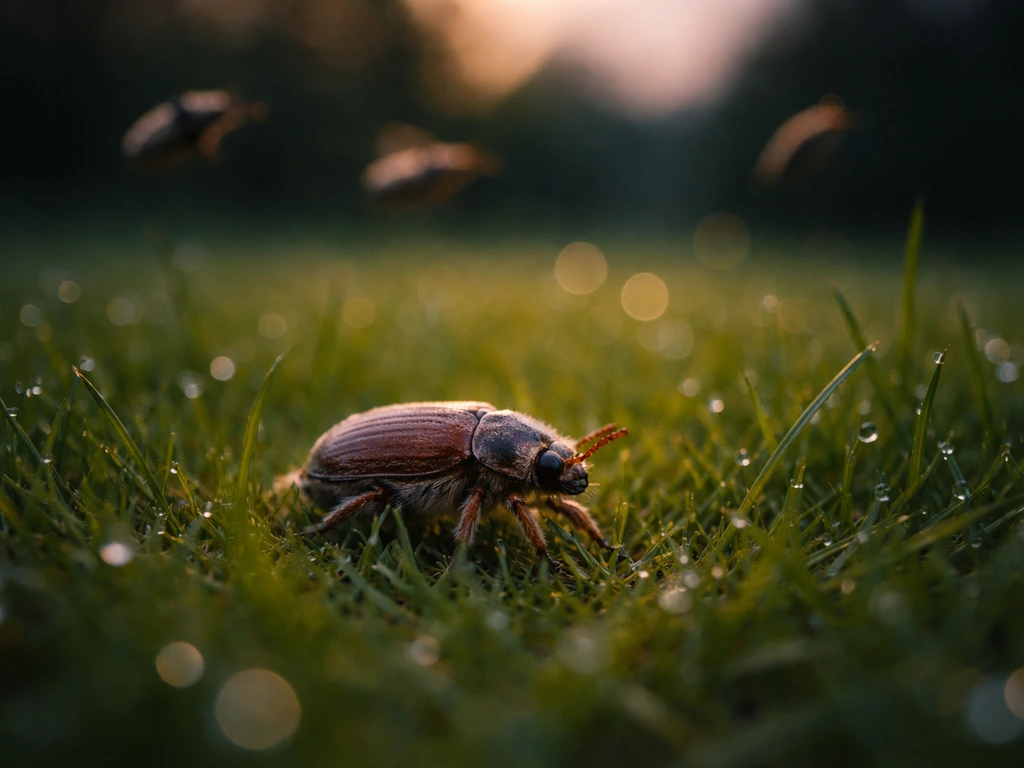 Volwassen kever-achtige insecten rond een groen gazon, één kever kruipt over gras, avondlicht