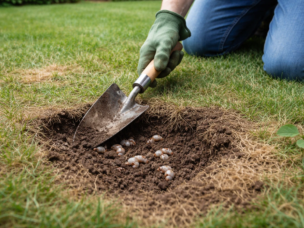 Iemand steekt een schopje in de grond bij een beschadigd stuk gazon; grond open met zichtbare larven.