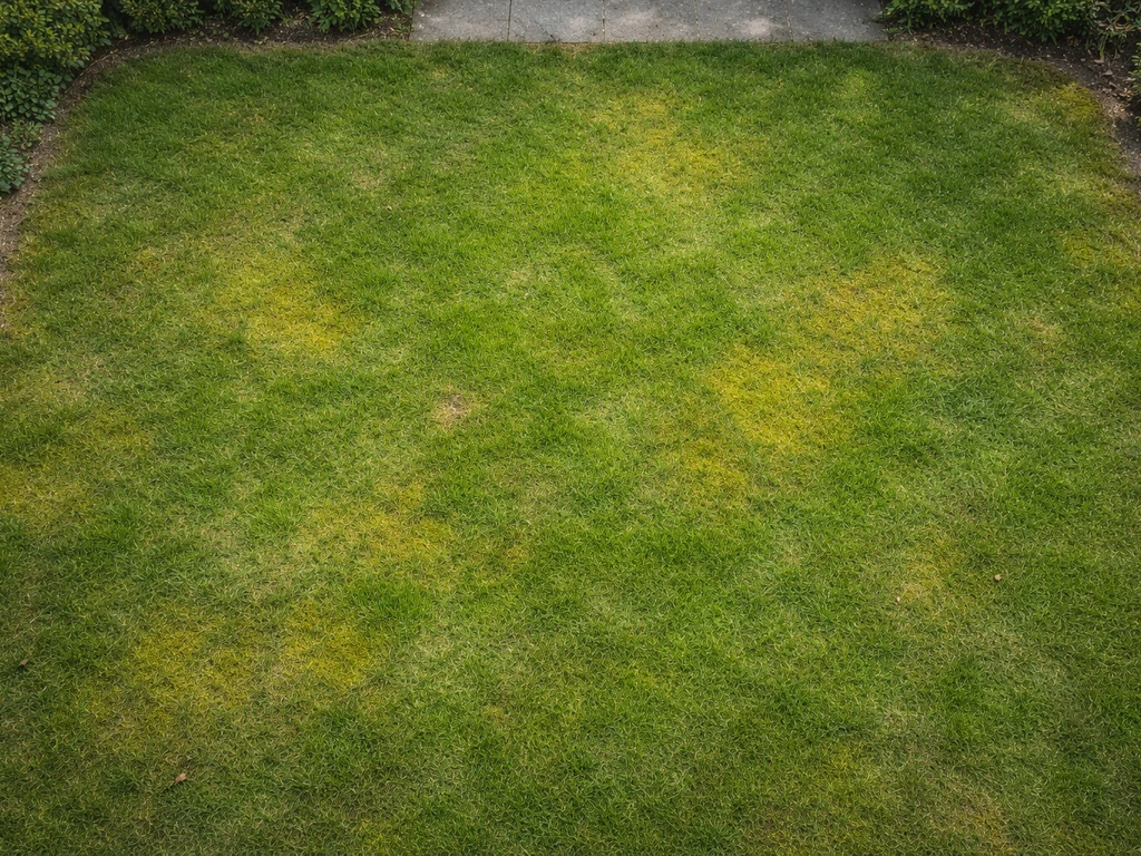 Bovenaanzicht van een Nederlands gazon met groen gras, mosplekken en kale randjes, met tuinpad op de achtergrond.