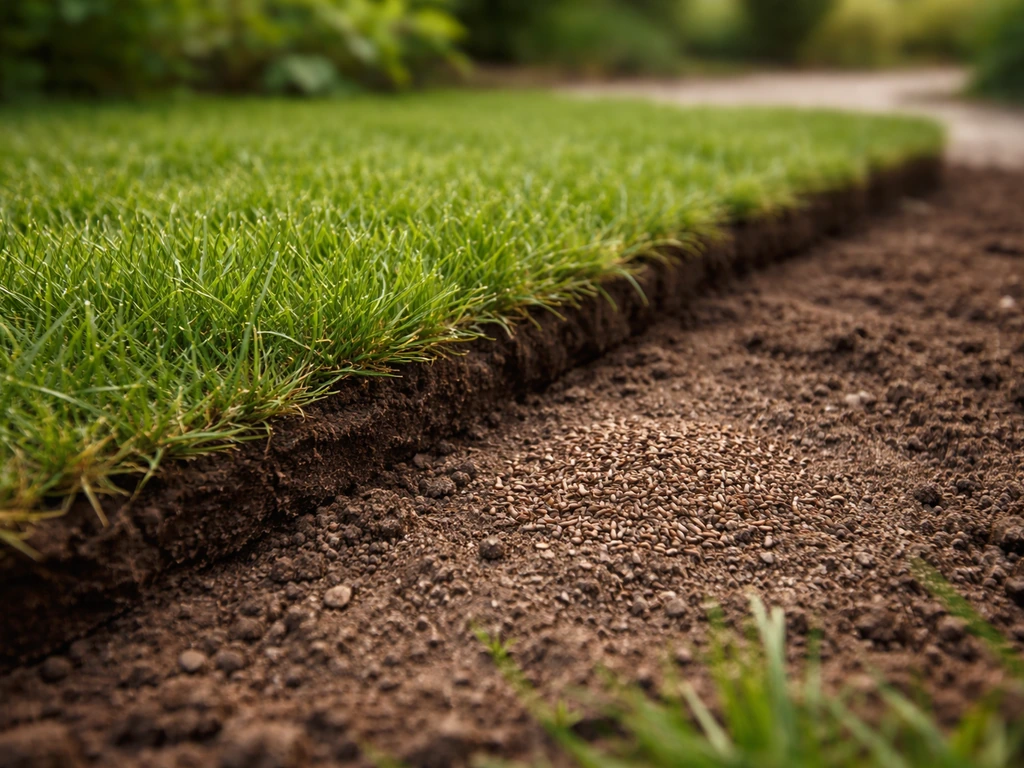 Close-up van graszoden in een tuin, met wat graszaad op open aarde als eenvoudige uitleg van ‘gras frankrijk’.