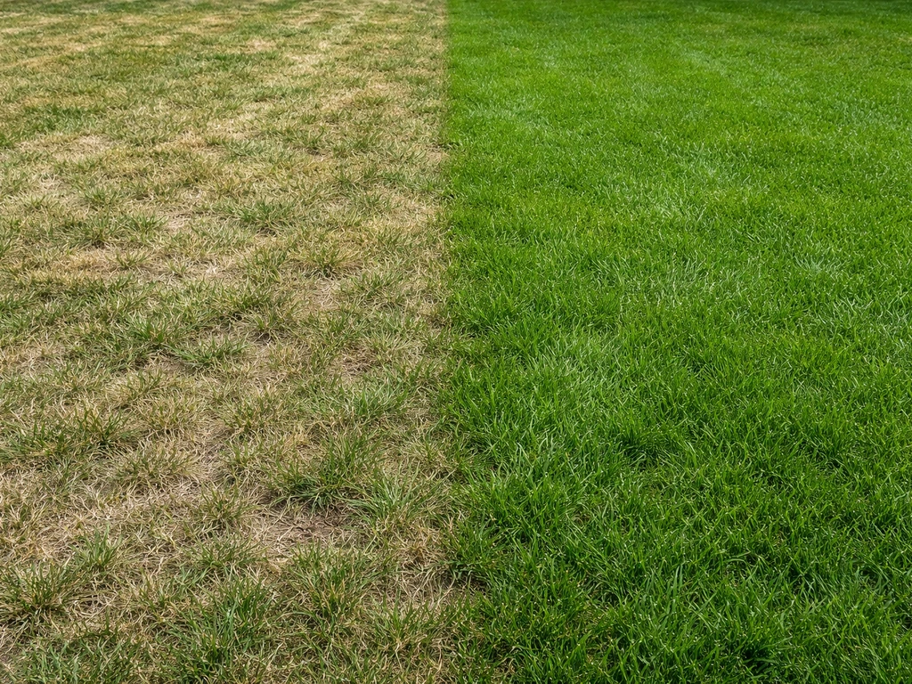 Twee stroken gazon: droog grijsgroen met stro-achtige pollen tegenover een herstelde, groener gevoede plek.