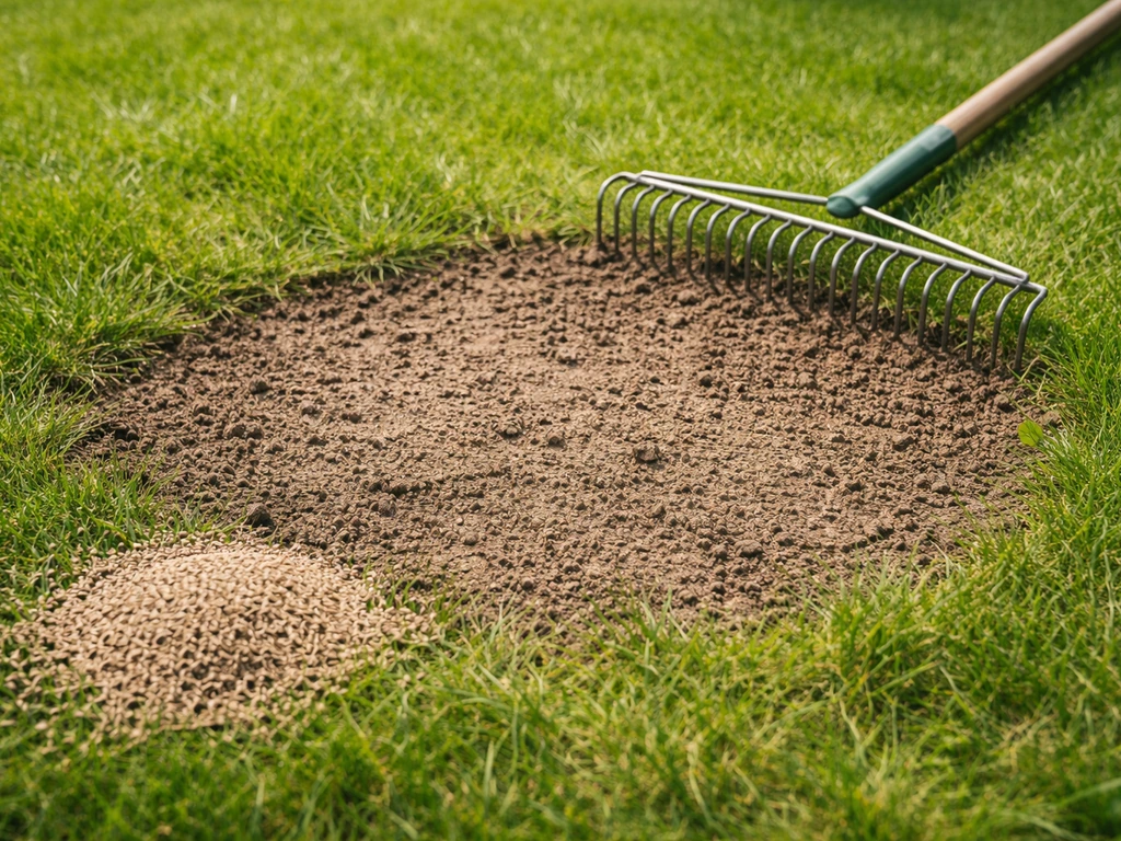 Kale plek in een groen gazon met losse grond, losharken en klaarliggend graszaad in de buurt
