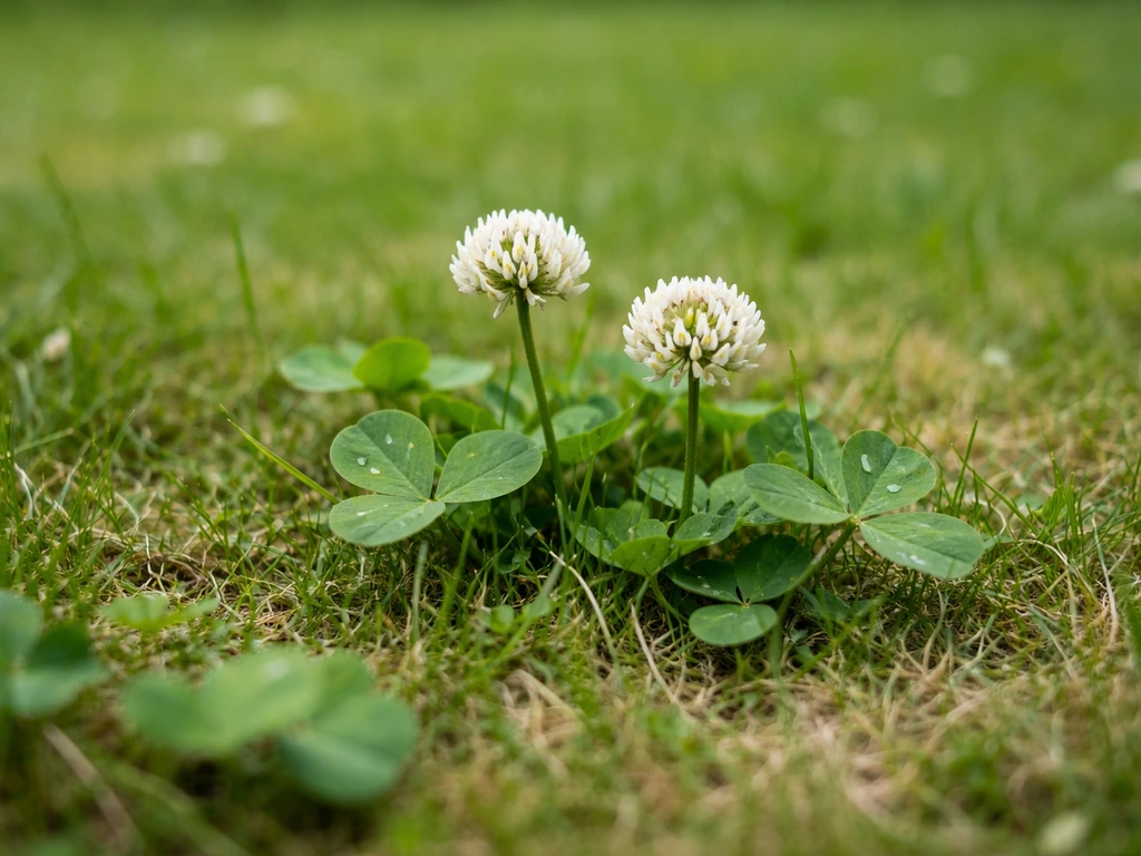 Witte klaver (Trifolium repens) in een gazon, close-up met kort gras en subtiel zwakkere grasmat.