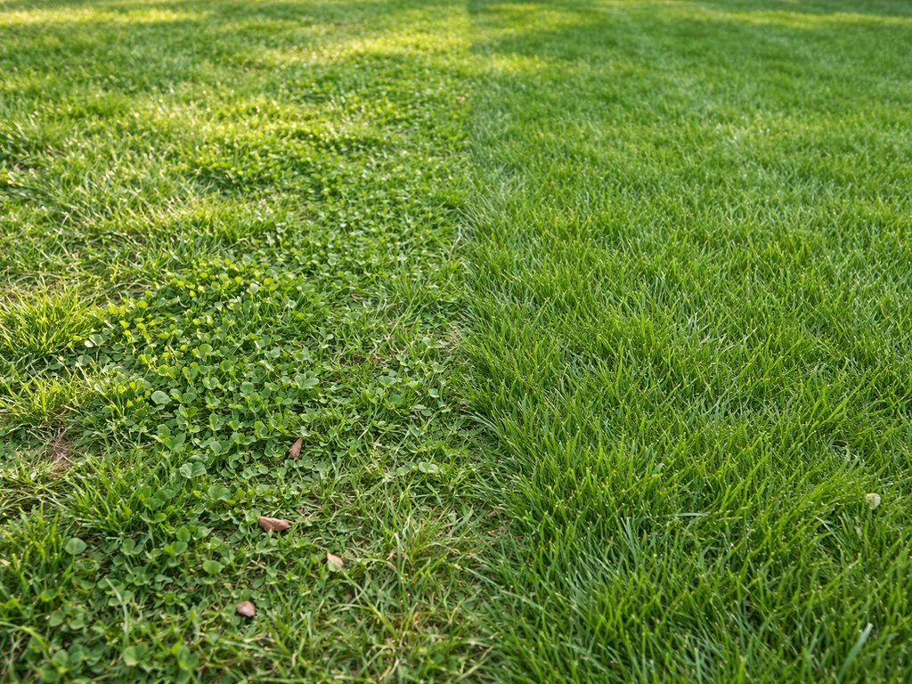 Twee delen van een gazon: links weinig klaver tussen het gras, rechts dicht gras met nauwelijks klaver.