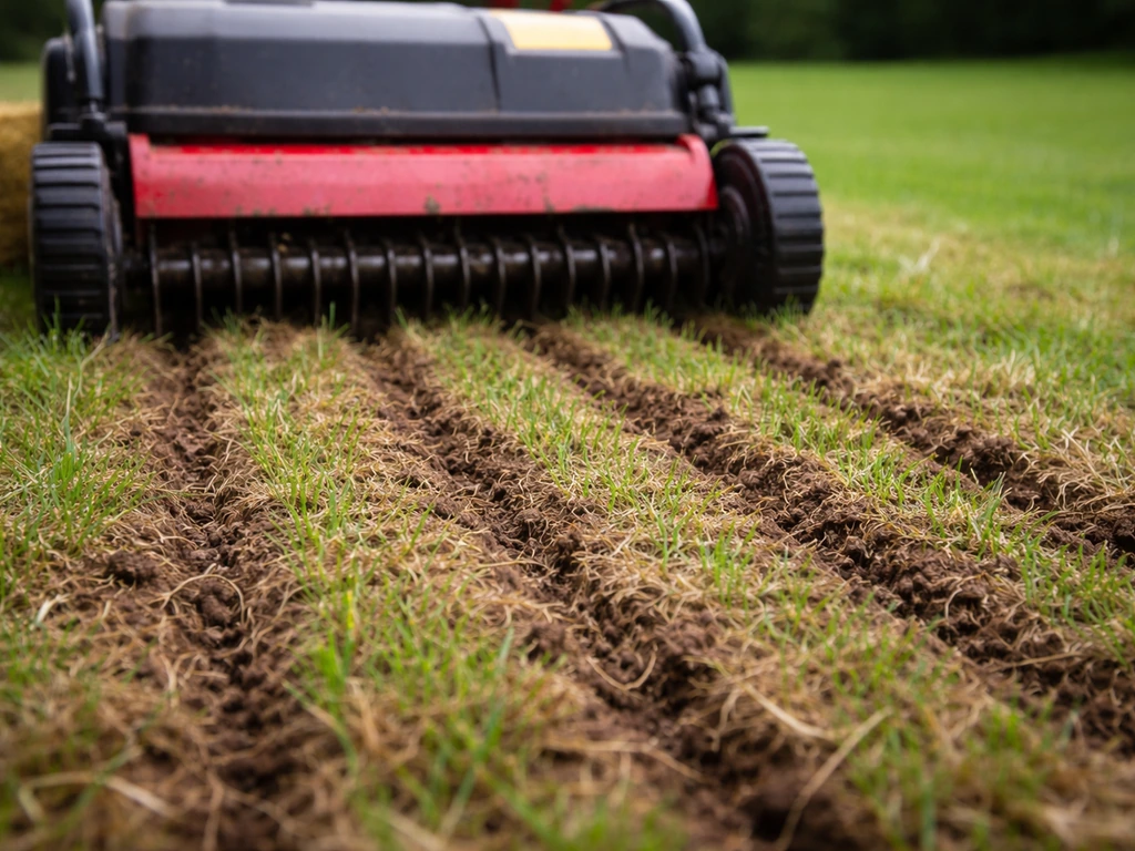 Verticuteren met zichtbare groefjes en ingezaaid gras dat opkomt in een gazon.
