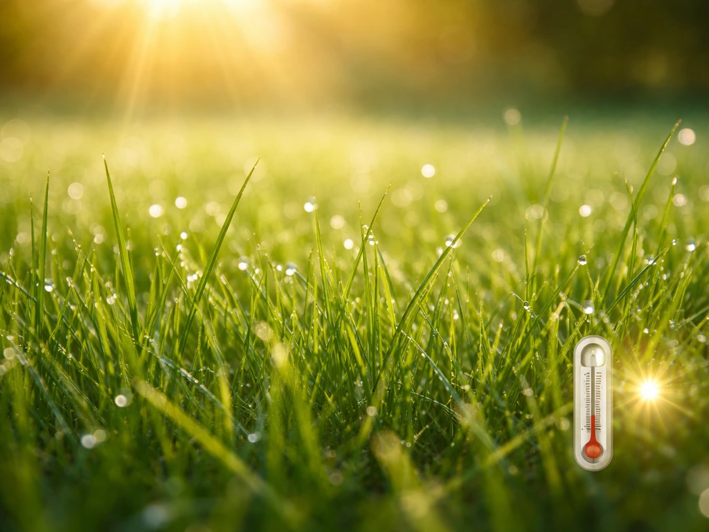 Close-up van fris, kort gras met dauw en zonlicht, met een kleine thermometer als hint van risicoweer.